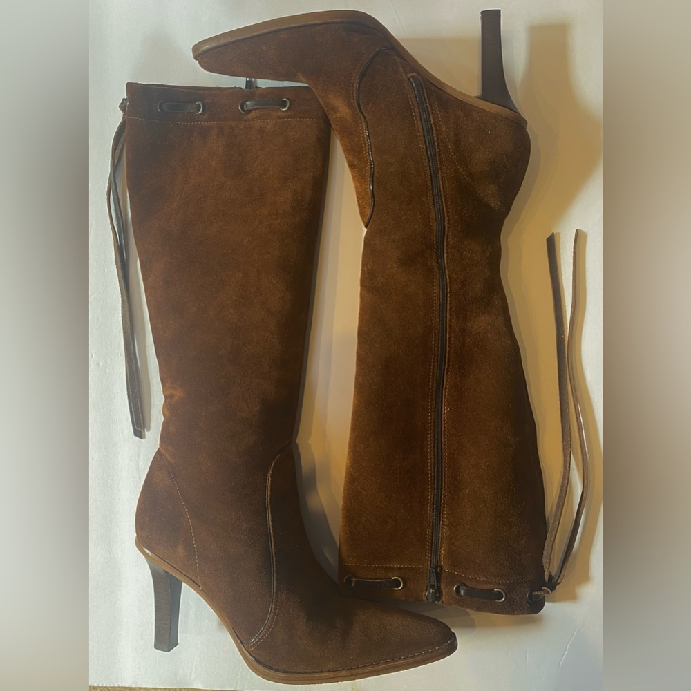 Coach Suade Long Boots, Size 8 B in Chestnut , Zip Closure, Leather Trims - Picture 7 of 15